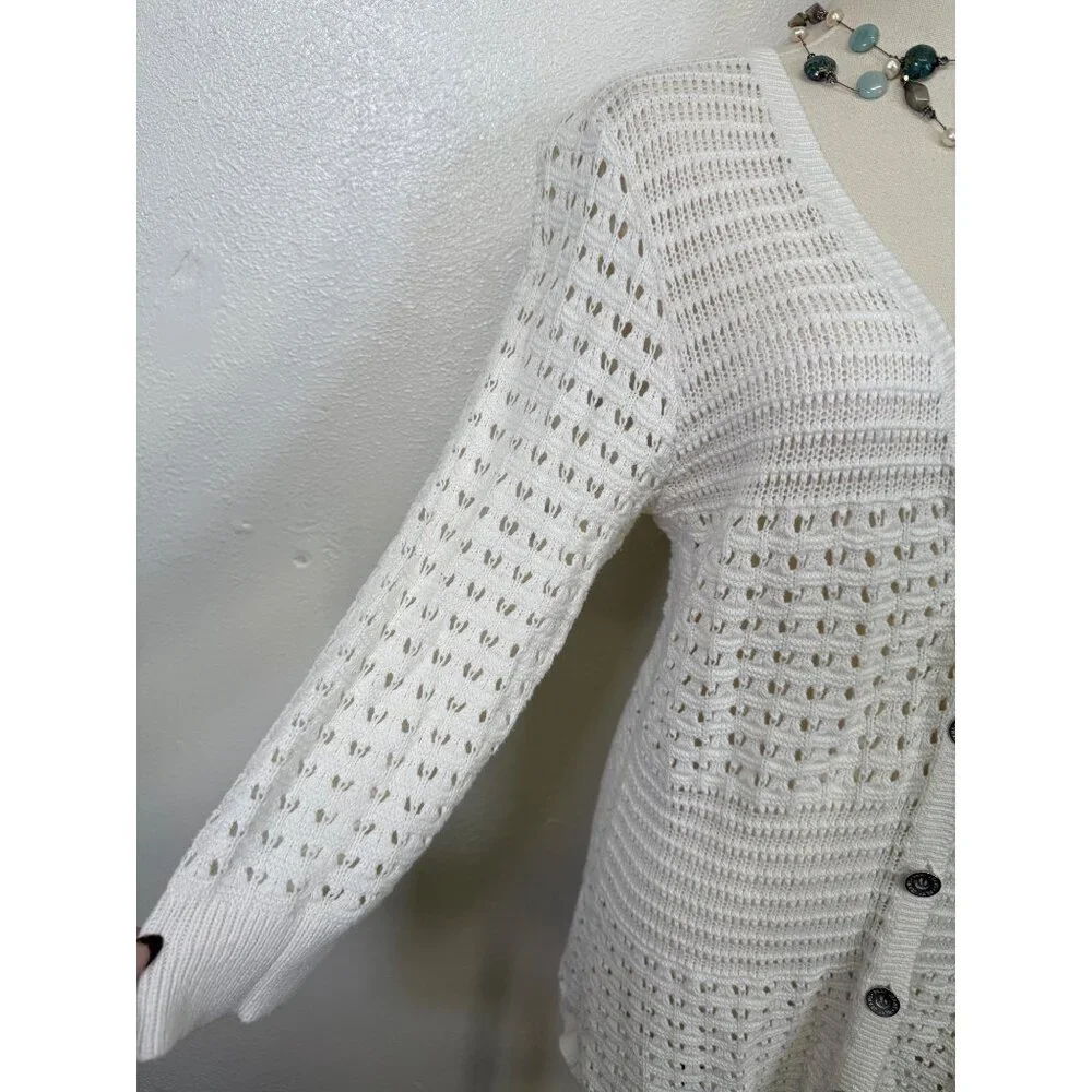 DKNY Women’s Large Cardigan Sweater White Ivory Knit Crochet 3/4 Sleeve cotton